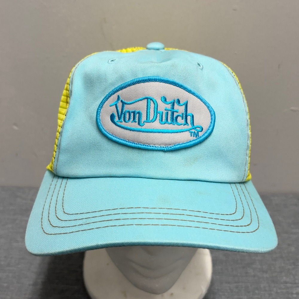 Von Dutch Trucker Hat Women OSFA Blue Yellow Mesh Snapback Y2K Logo Patch